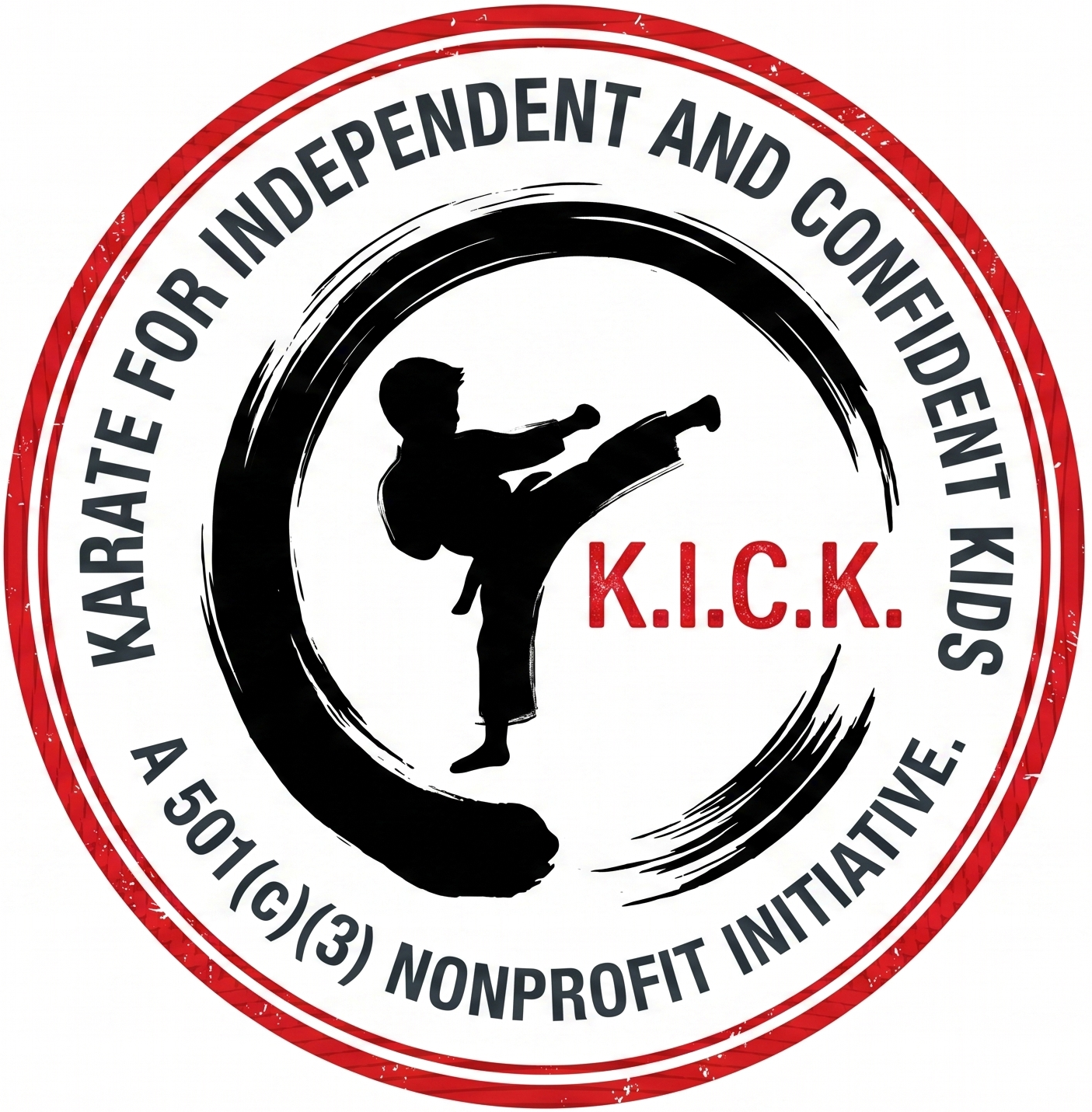 Logo for K.I.C.K.: Karate for Independent and Confident Kids. White circle with a silhouette of a child performing a karate kick. A 501(c)(3) Nonprofit Initiative.