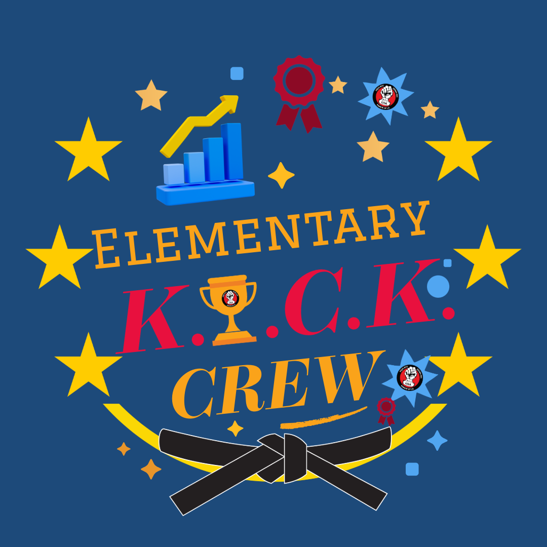 Elementary school students ages 5 to 12 participating in a high-energy K.I.C.K. Crew martial arts class at Karate of LA, focused on building coordination, respect, and personal safety skills.