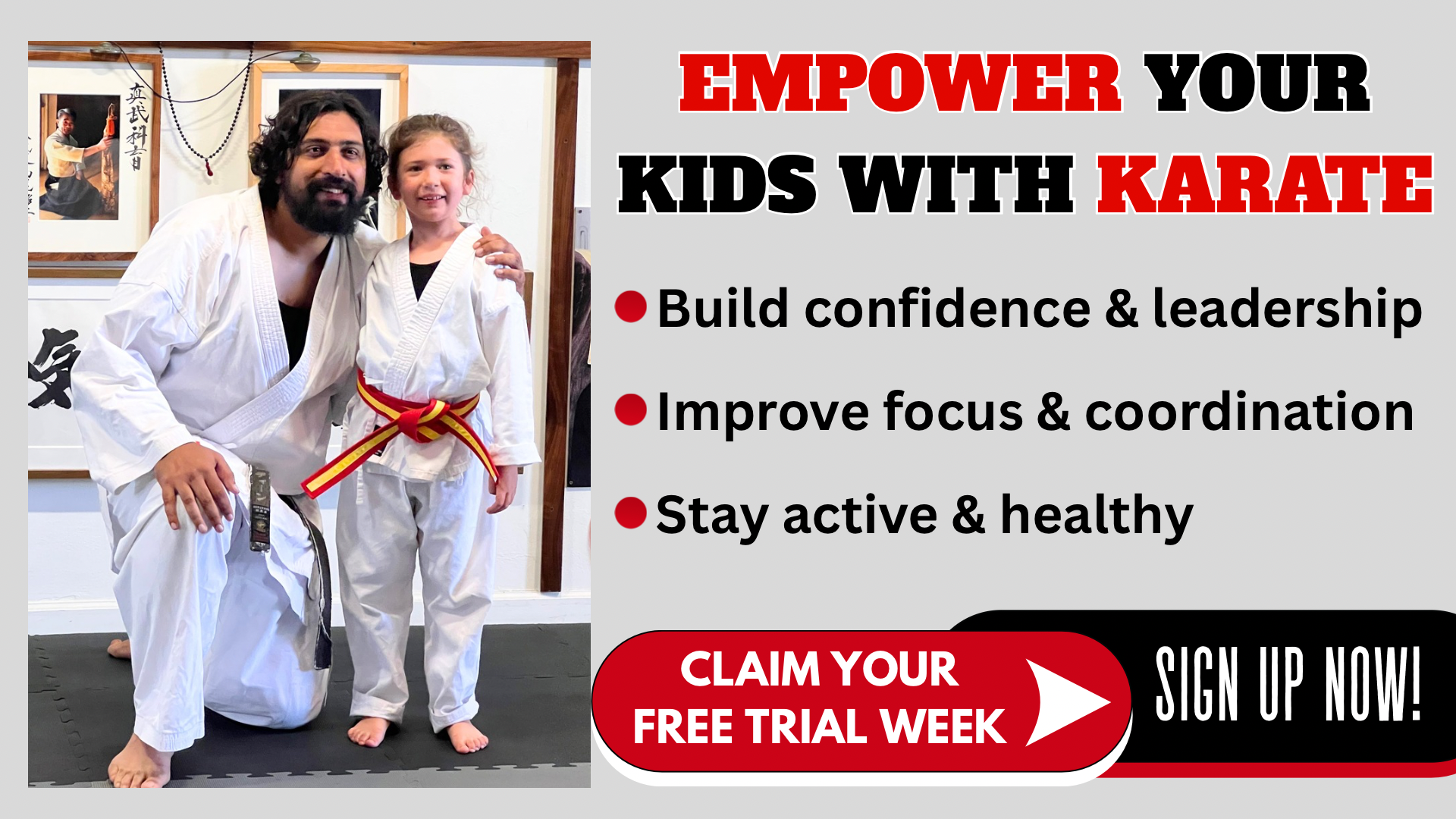 Enrollment banner for Karate of LA featuring youth martial arts students practicing stances and kicks, reading Empower Your Kids with Karate. Click to sign up now.