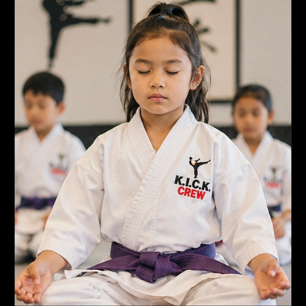 A young student showing intense mental focus, concentration, and determination during a traditional karate kata movement demonstration.