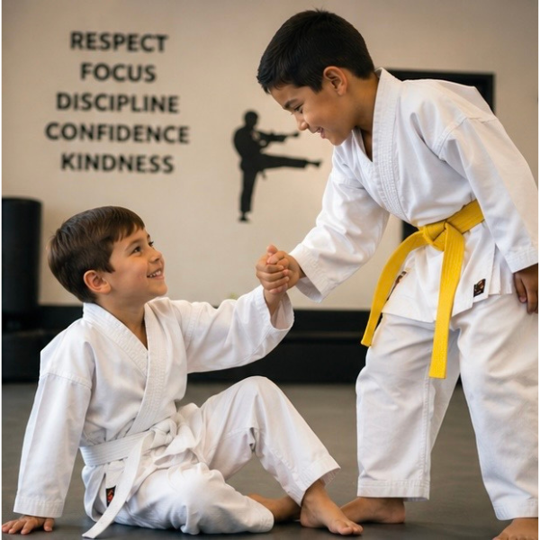 Youth karate students standing respectfully on the dojo mat, practicing discipline and character development through traditional Goju-Ryu training.