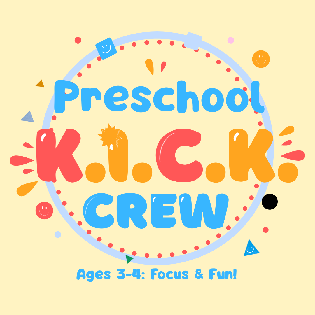 Official program logo for the preschool K.I.C.K. Crew martial arts classes at Karate of LA, designed for early childhood coordination and confidence development.