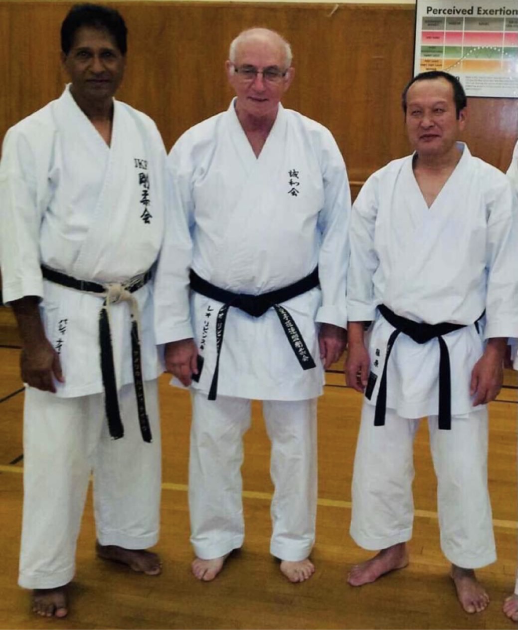 Shihan Vassie Naidoo, Shihan Leo Lipinski, and Shihan Seiichi Fujiwara together, representing the international leadership and traditional lineage of Goju-Ryu Seiwa-Kai karate.