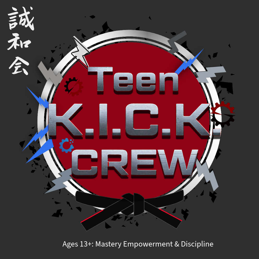 Teenagers building practical self-defense skills, personal safety awareness, and physical fitness during an advanced K.I.C.K. Crew martial arts class at Karate of LA.