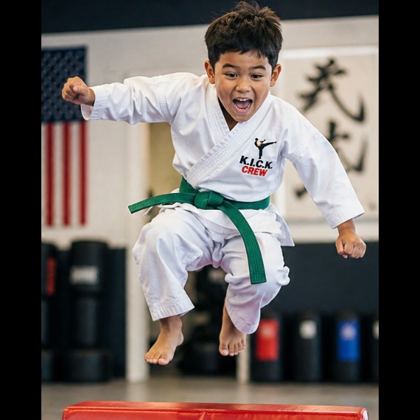 K.I.C.K. Crew youth karate students building physical resilience, athletic fitness, and core conditioning drills during class.